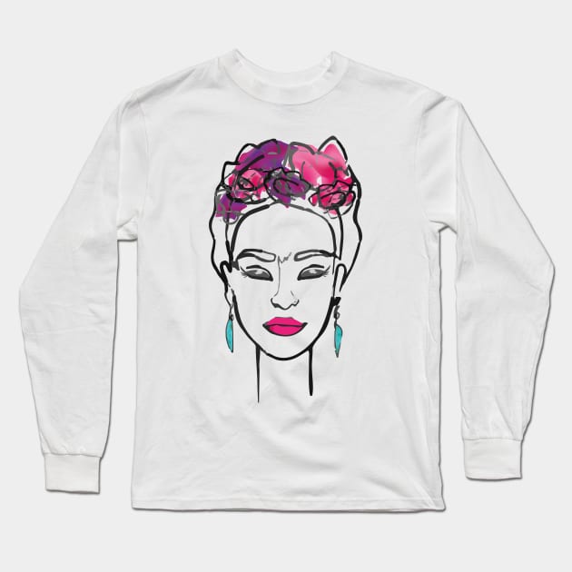 Frida Kahlo famous mexican painter line portrait red lips and roses minimalist decorationfemale painter, mexican art, mexican artist, minimalistic red lips Long Sleeve T-Shirt by T-Mex